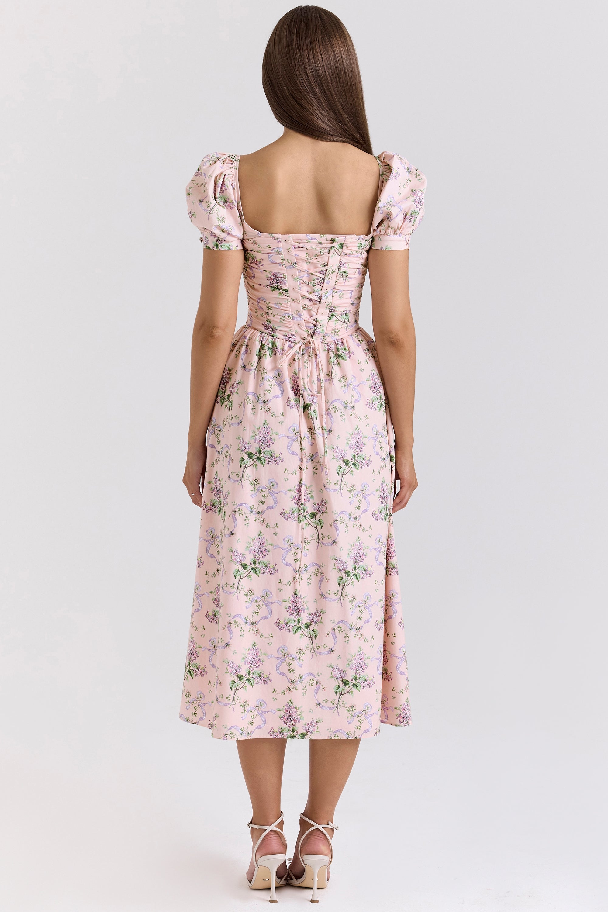 pink ribbon print cotton midi dress