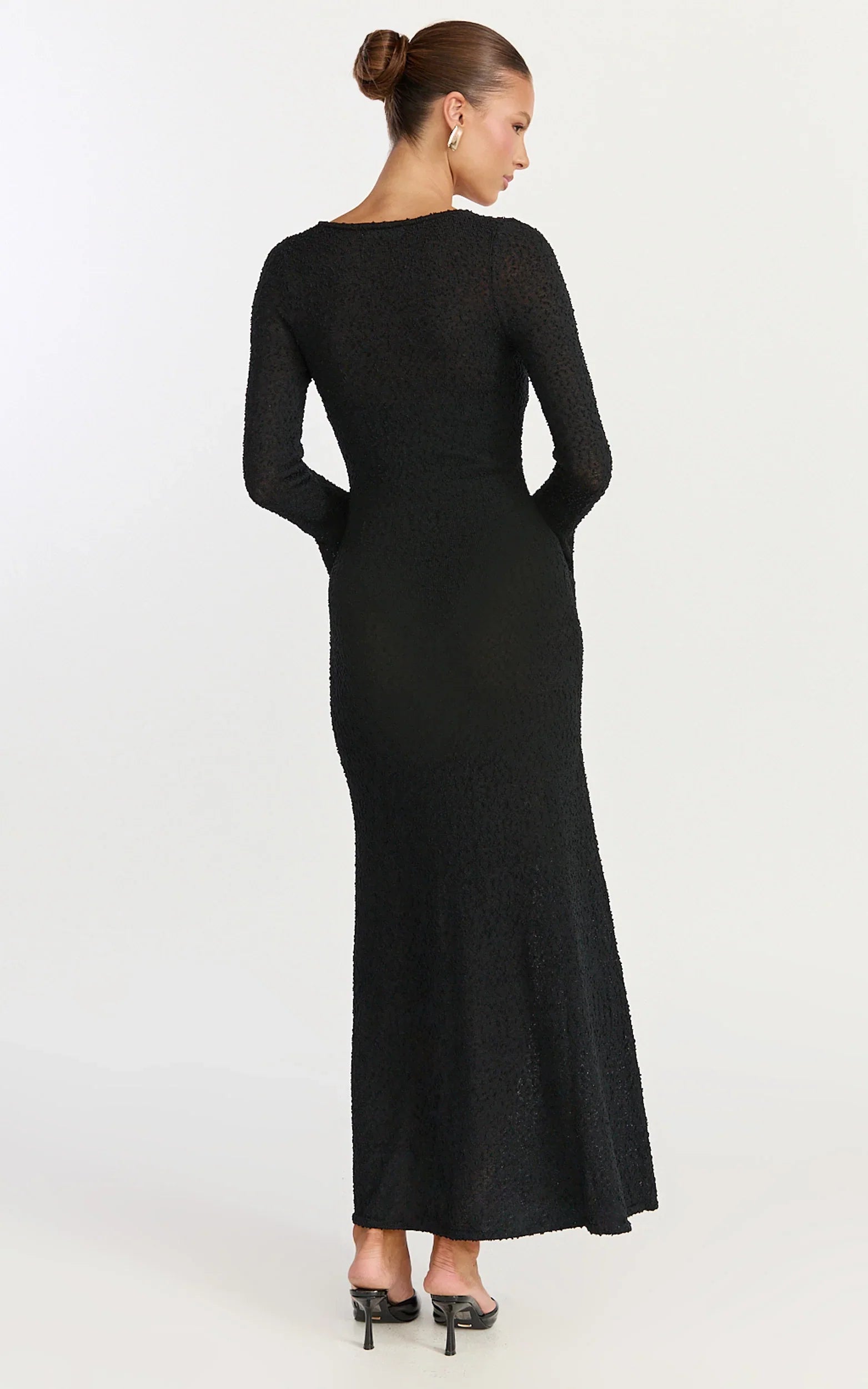 Michelle Maxi Dress - Scoop Neck Flute Sleeve Knit Maxi Dress in Black