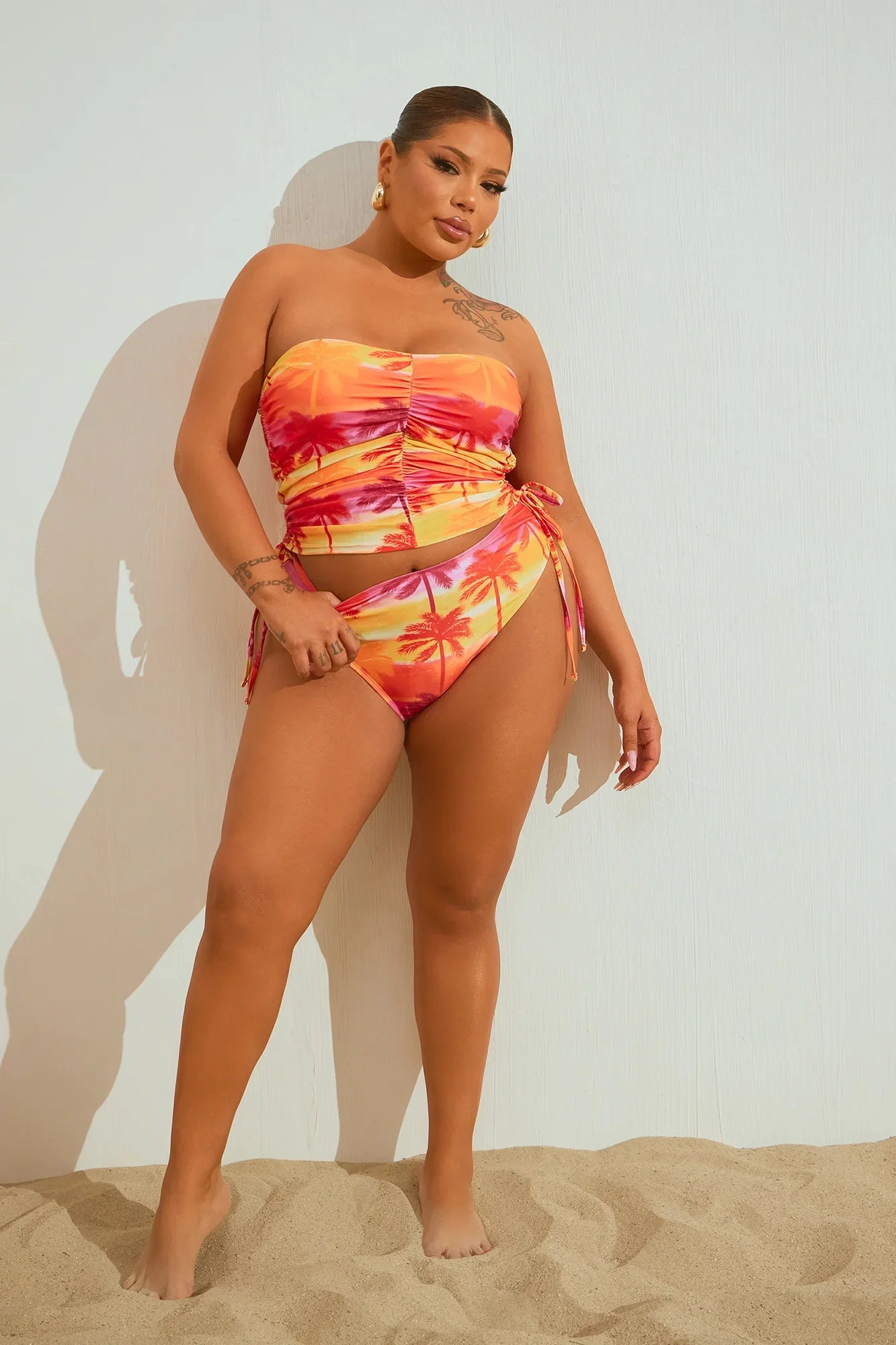 Bea Ruched Bandeau Tankini 2 Piece Bikini - Orange/combo