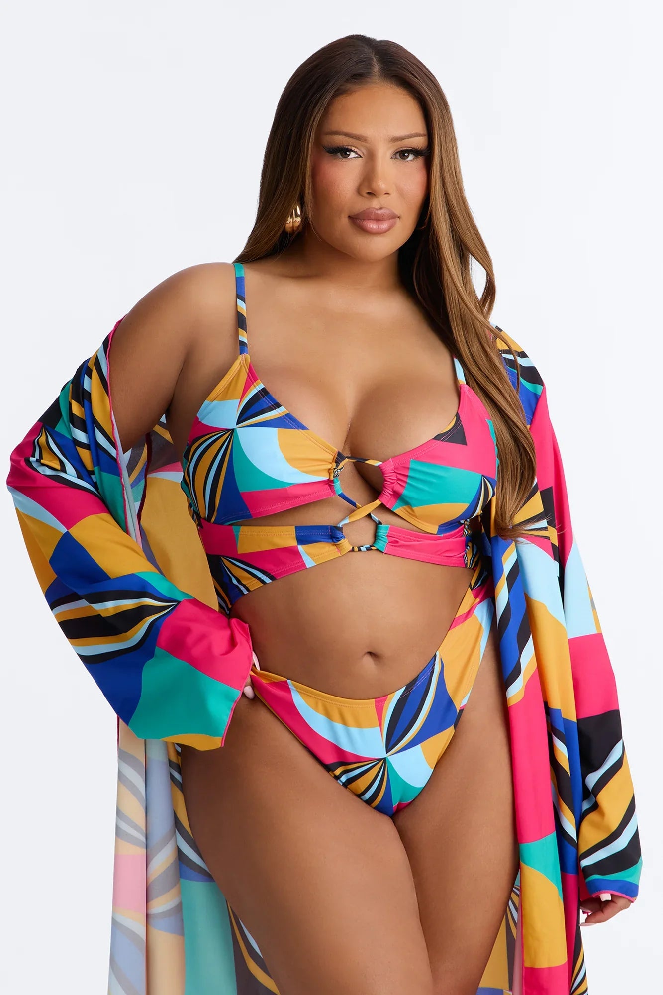 Leila Abstract Cut Out 1 Piece Swimsuit With Swim Cover Up Kimono - Multi Color