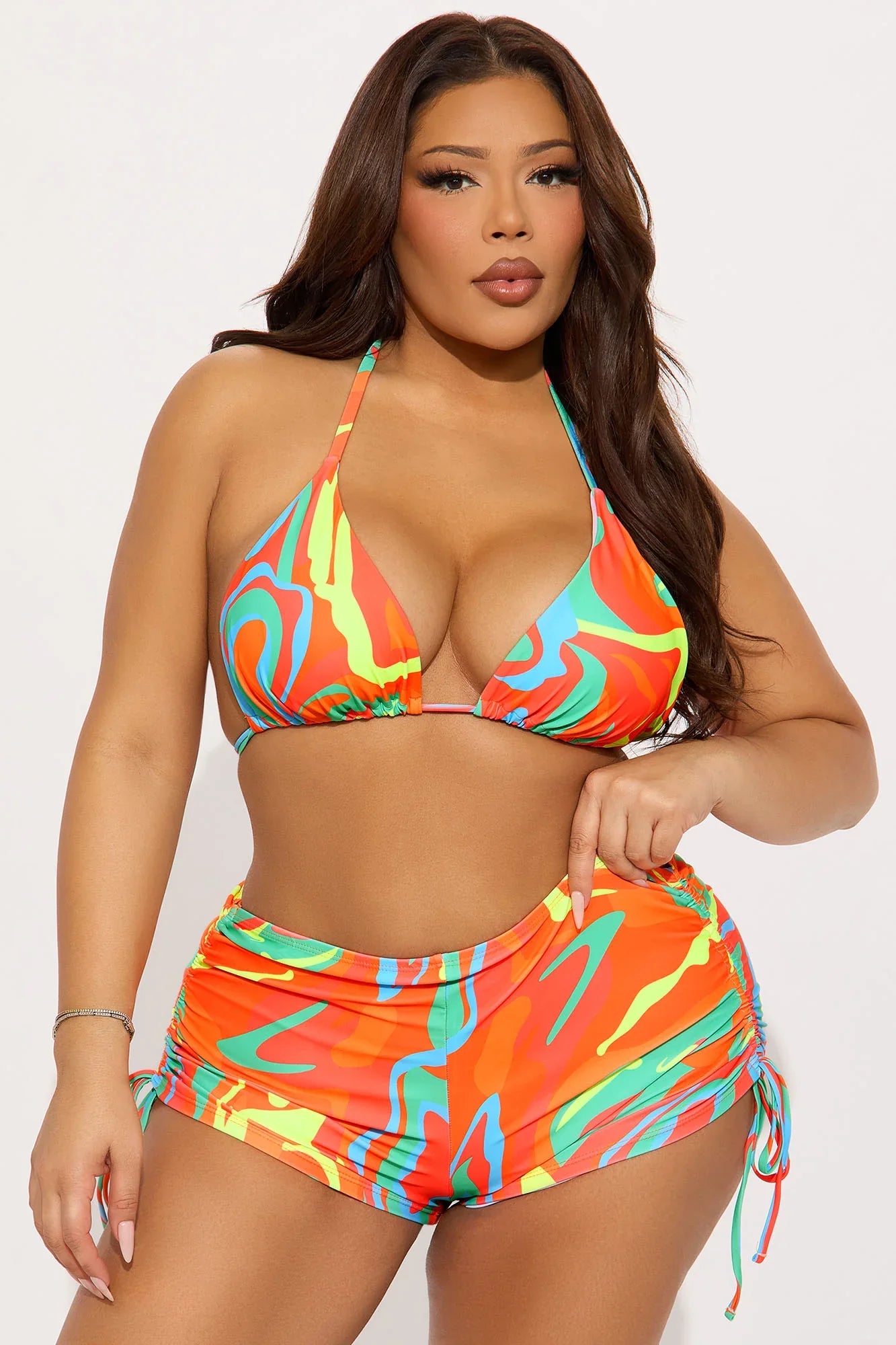 Kairi Ruched Boyshort & Kimono 3 Piece Bikini Set - Orange/combo