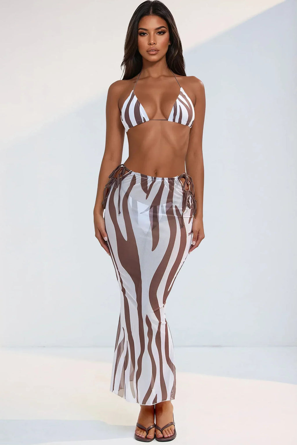 Amina Zebra 3 Piece Bikini Skirt Set - Brown/combo
