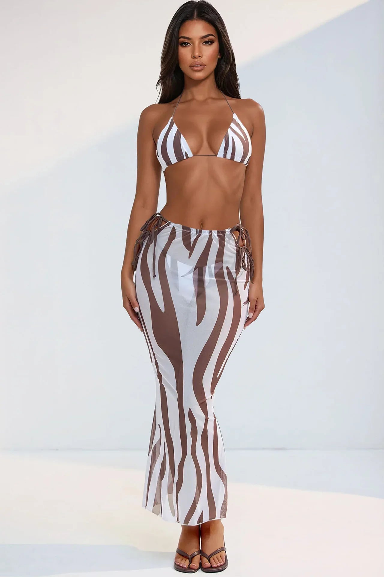 Amina Zebra 3 Piece Bikini Skirt Set - Brown/combo