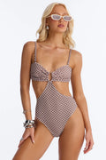 Buns Out Geometric Sweetheart Back Tie 1 Piece Swimsuit - Brown