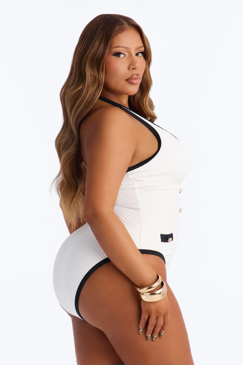 Baddest On The Shore 1 Piece Plunge Neck Halter Swimsuit - White/Black