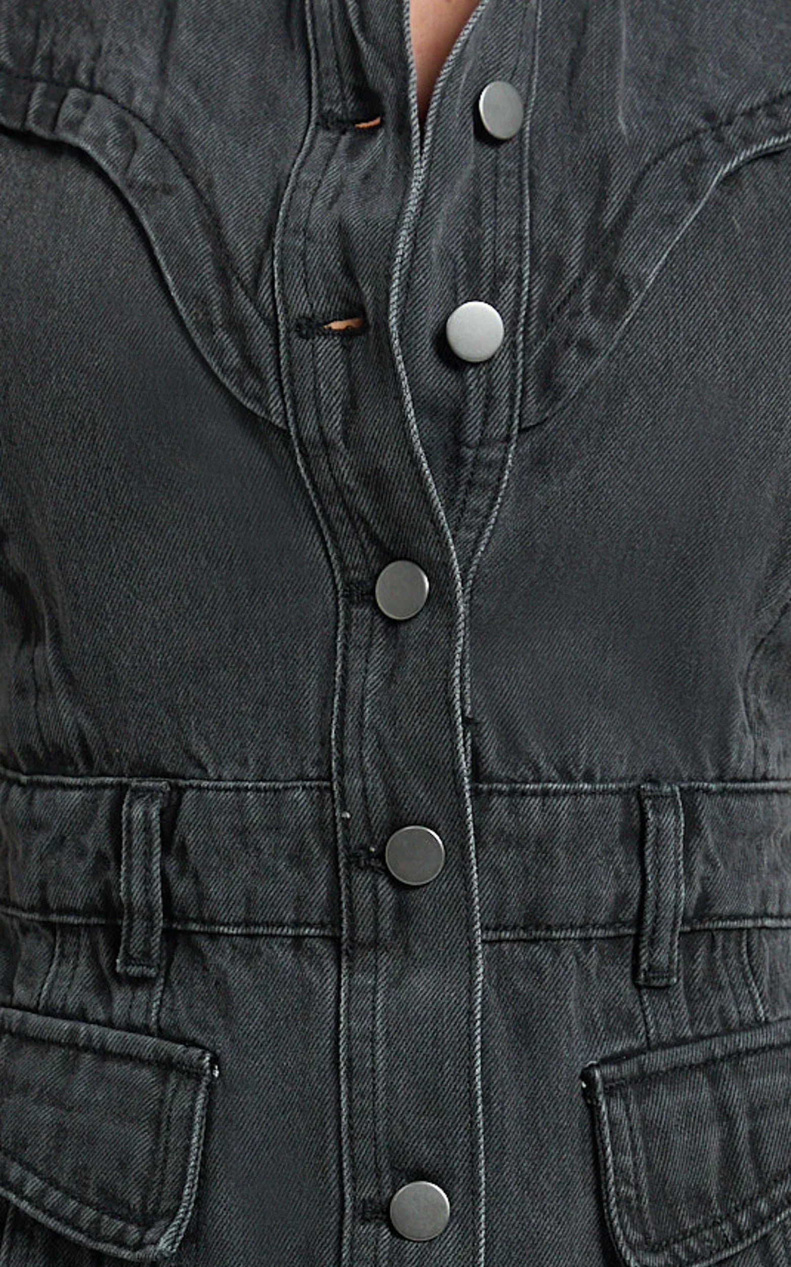 Jasse Mini Dress - Hardware Button Through Denim Dress in Washed Black