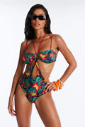 Beach Therapy Cut Out High Cut 1 Piece Swimsuit - Green/combo