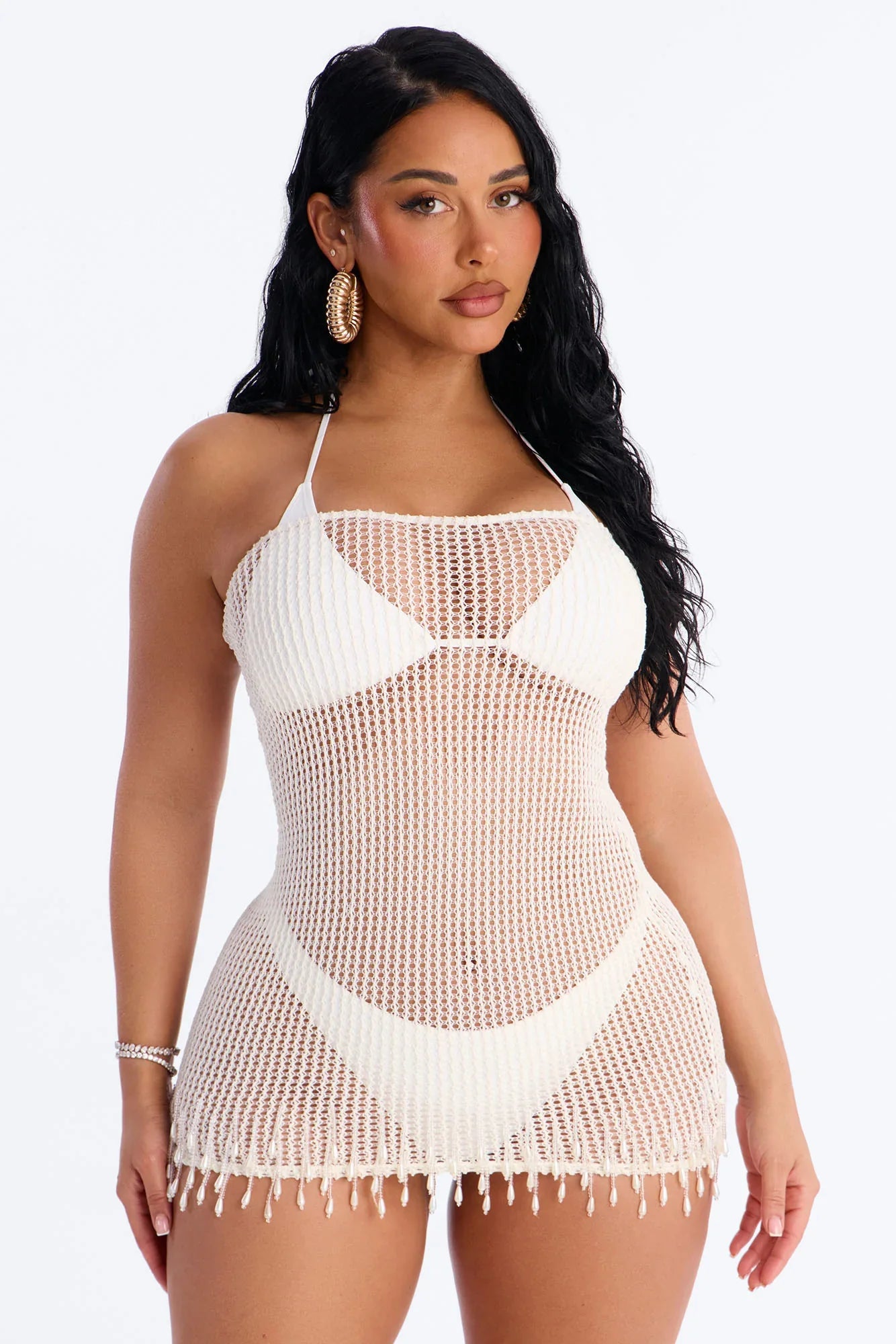 Macha And Sea Breeze Crochet Beaded Fringe Trim Strapless Mini Swim Cover Up Dress - Cream