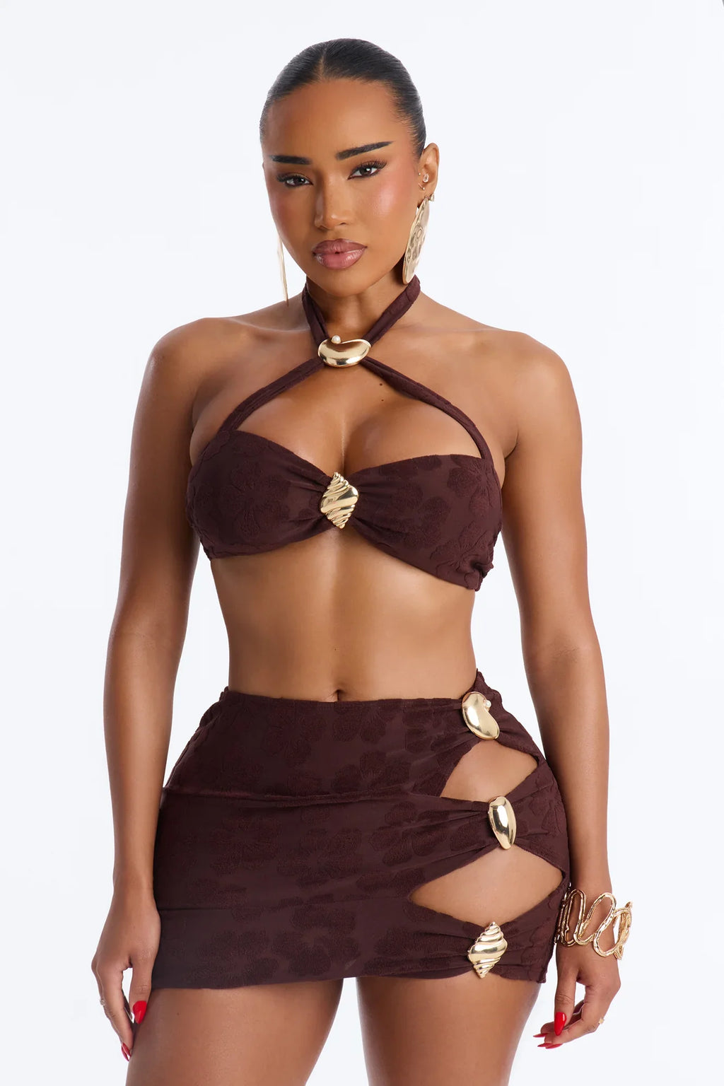 Coconut Drip Textured Hibiscus 3 Piece Bikini Skirt Set - Brown