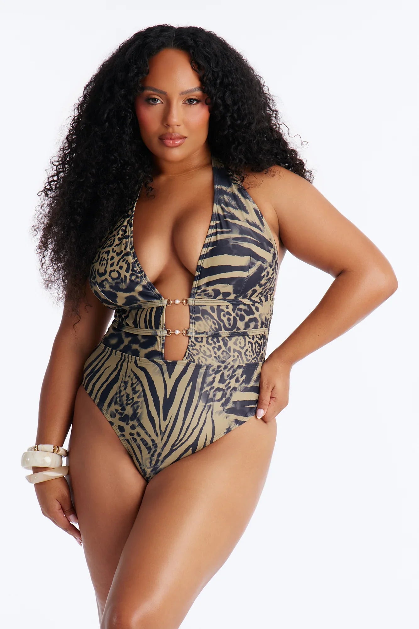 Ollie Pearl Hardware Plunging Neck 1 Piece Swimsuit - Black/combo